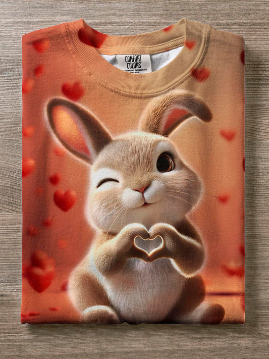 Cute Rabbit Heart Valentine'S Day Crew Neck T-shirt