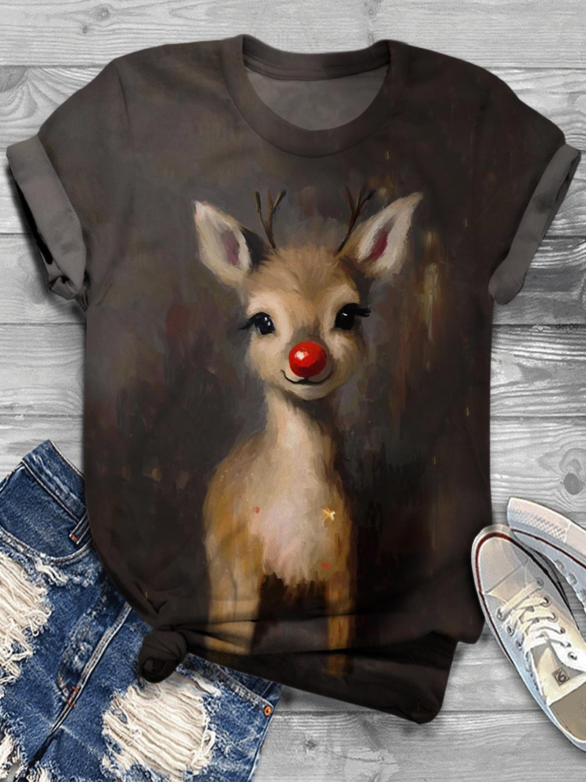 Women's Christmas Elk Hand Painte Casual T-Shirt