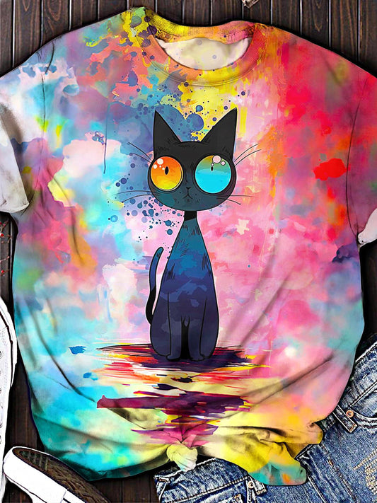 Women's Tie-Dye Cute Kitten Print Crew Neck T-shirt