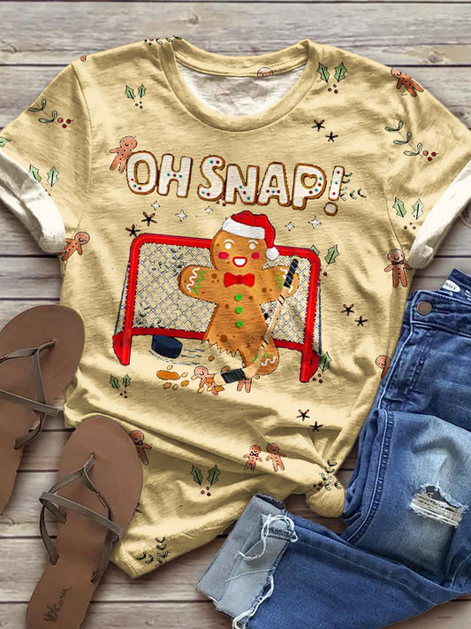 Women's Gingerbread Man Hockey Print Crew Neck T-shirt