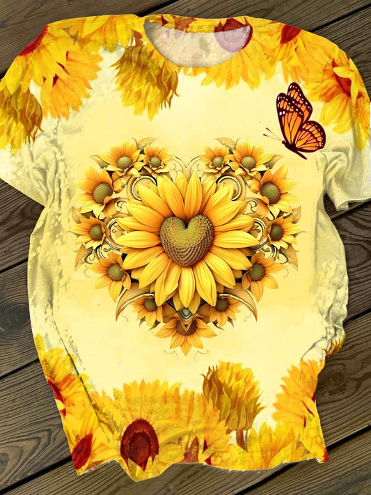 Retro Sunflower Heart Print Crew Neck T-shirt