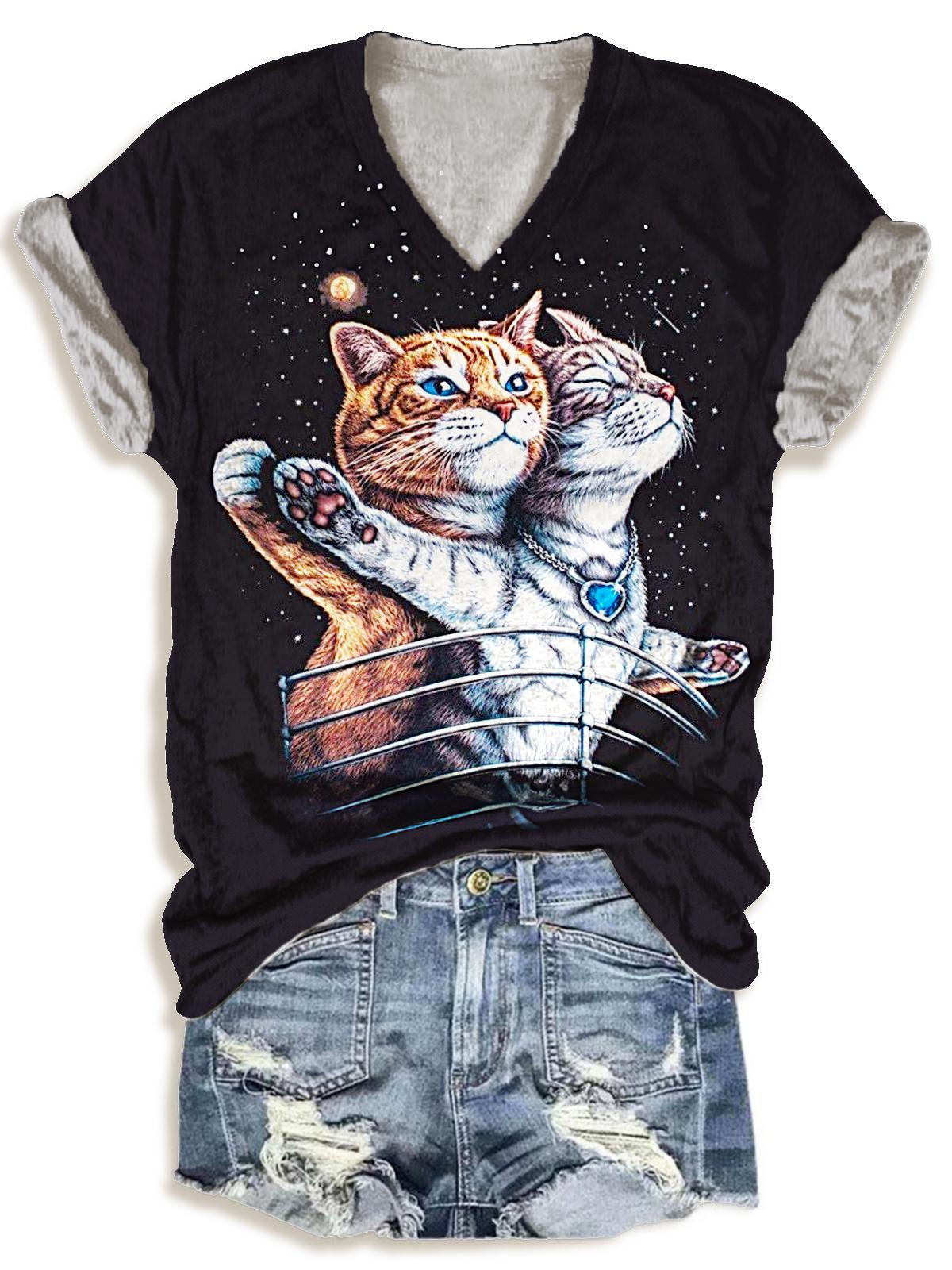 Women's Titanic Cat Print V-Neck T-Shirt