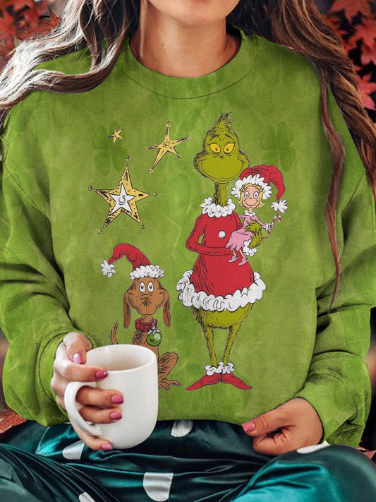 Holiday-Themed Cartoon Character Green Printed Long Sleeve Casual Top