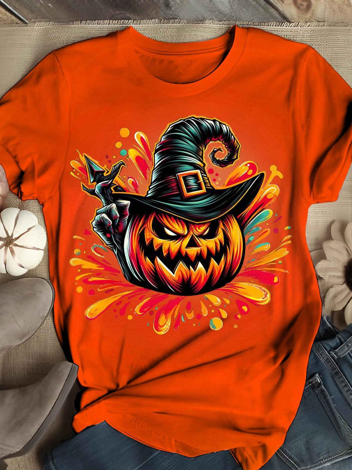 Women's Halloween Pumpkin Fun Print Crew Neck T-Shirt