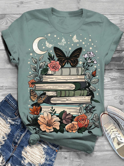 A Butterfly Sitting On Top Of Books Crew Neck T-shirt