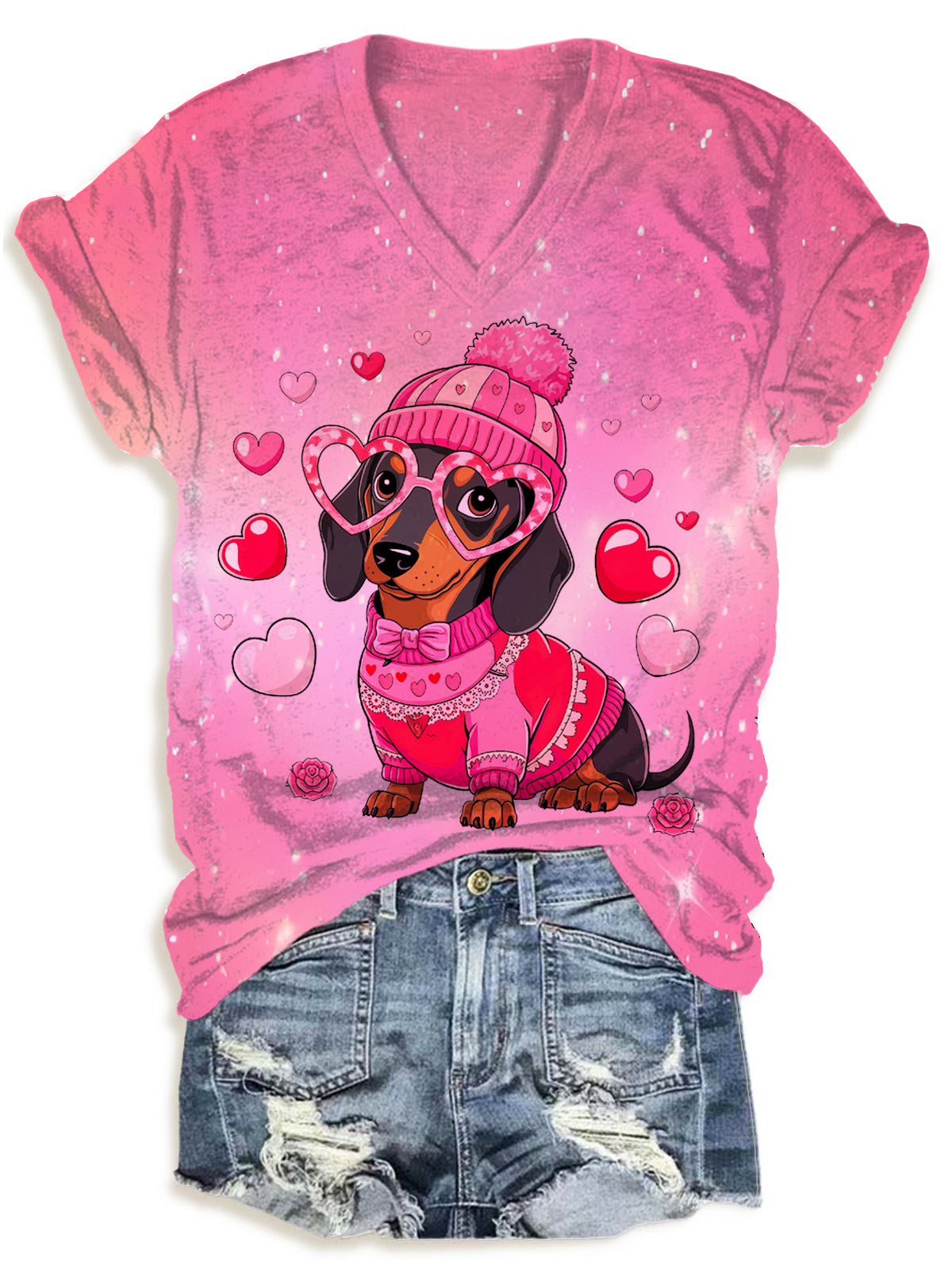 Women's Valentine Dachshund Dog V-Neck T-Shirt