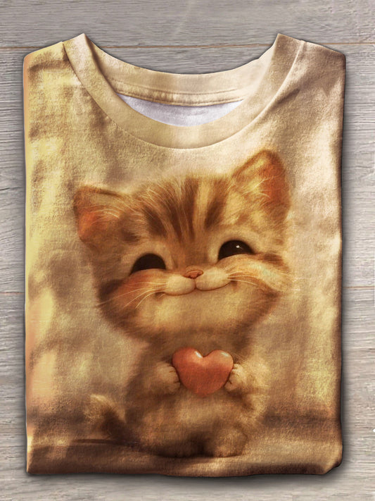 Women's Cute Cat Love Crew Neck T-shirt