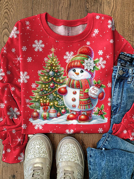 Women's Winter Christmas Snowflake Snowman Printed Long Sleeve Casual Top