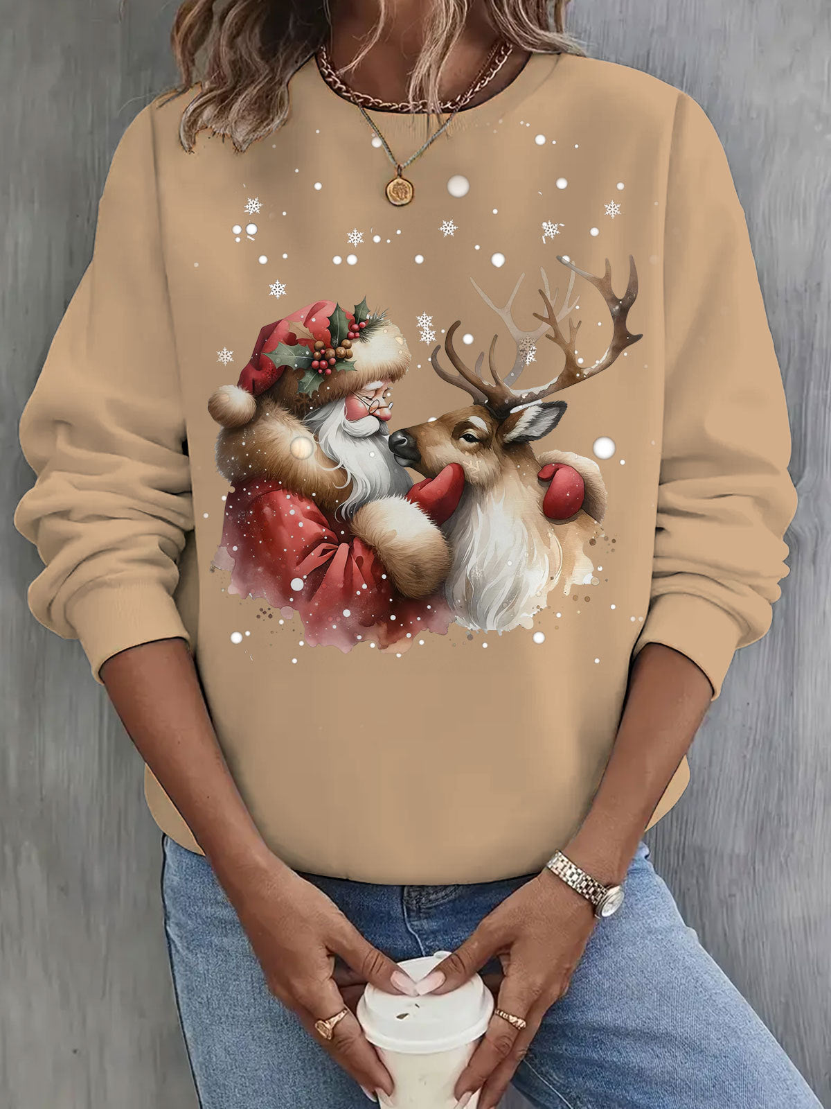 Santa Claus And His Elk Friends Long Sleeve Casual Top