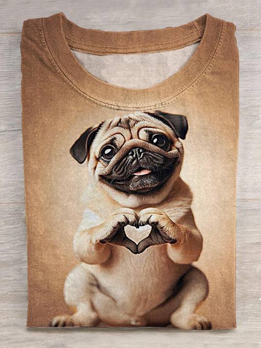 Cute Love Puppy Print Crew Neck T-shirt