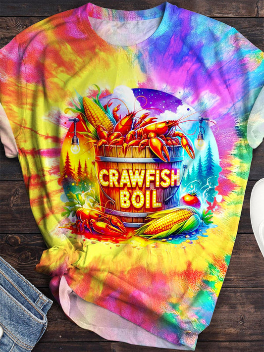 Colorful Cooking Crayfish Printed Crew Neck T-shirt