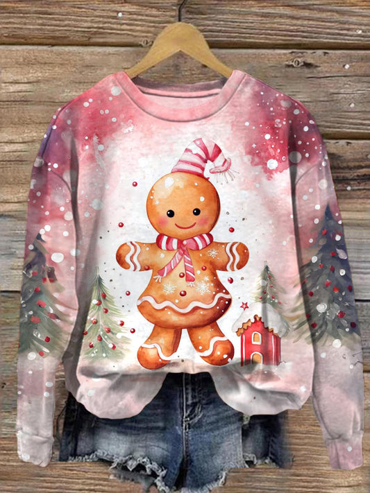 Women's Christmas Gingerbread Man Round Neck Long Sleeve Top