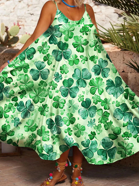 Women's Clover St. Patrick Print Casual Spaghetti Strap Dress