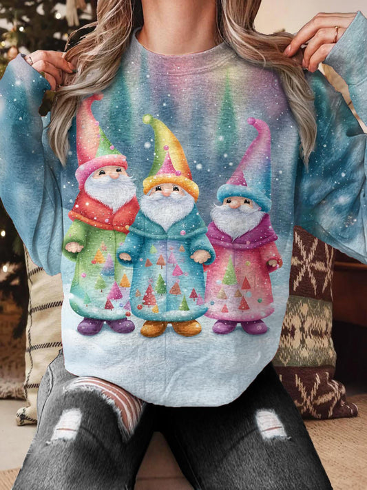 Merry Christmas Gnome Printed Long Sleeve Casual Top