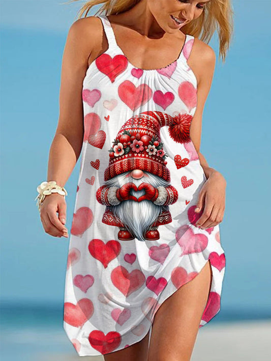 Valentines Gnome Heart Print Casual Beach Dress