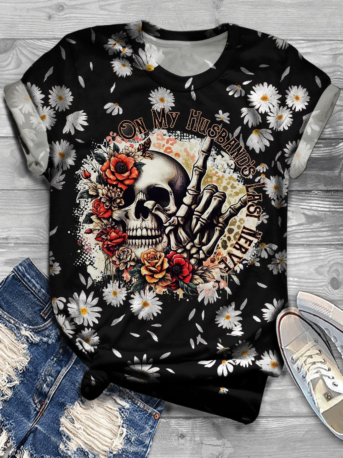 On My Husband's Last Nerve Skull Print T-shirt