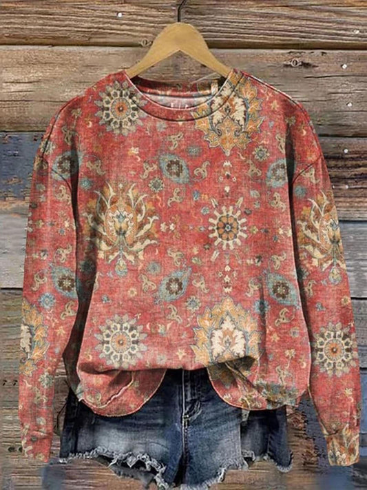 Ethnic Flowers Printed Long Sleeve Casual Top