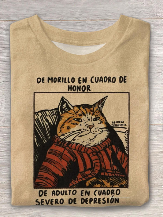 Retro Cat Print Crew Neck T-shirt