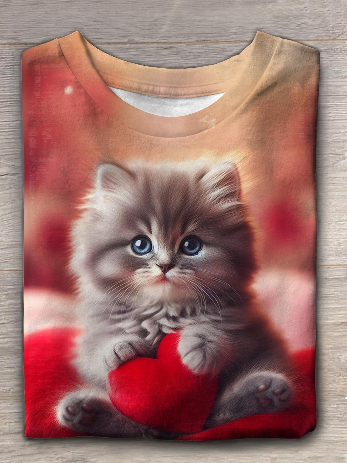 Cute Cat Love Valentine's Day Crew Neck T-shirt