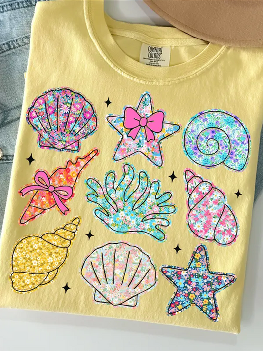 Wildflower Seashell Clam Summer Crew Neck T-shirt