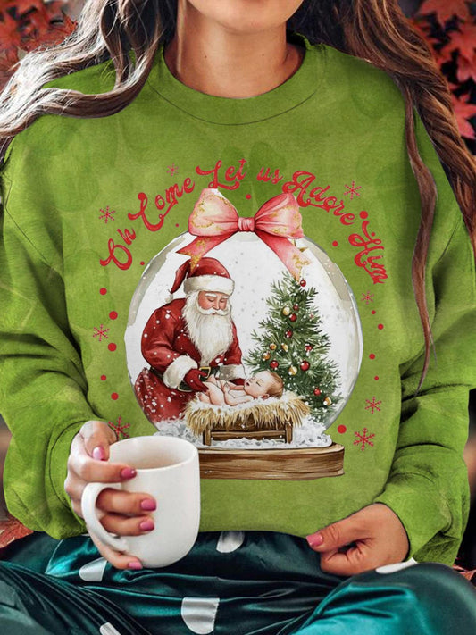 Jesus Was Born On Christmas Printed Long Sleeve Casual Top