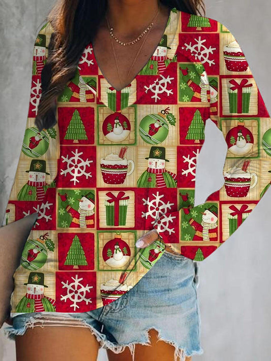 Cartoon Christmas Ball Print V-Neck Long Sleeve Top