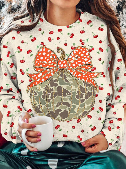 Women's Pumpkin Butterfly Festival Cherry Vintage Print Long Sleeve Top