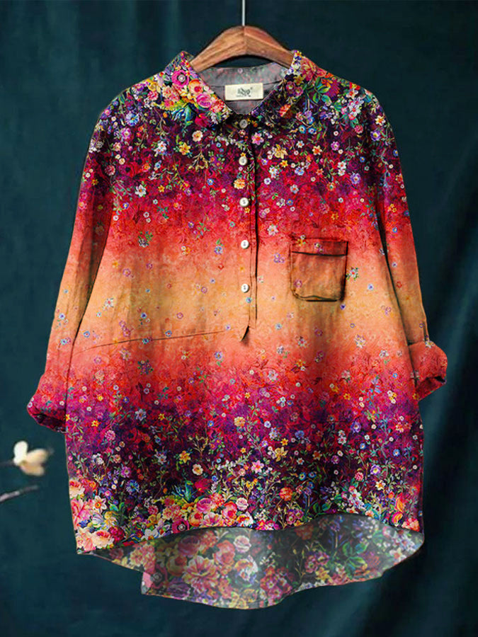 Women's Vintage Gradient Floral Print Casual Cotton And Linen Shirt