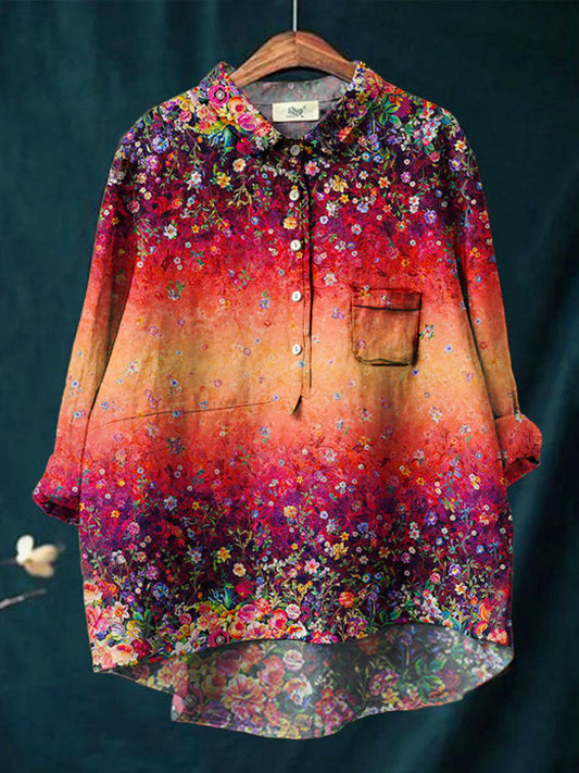 Women's Vintage Gradient Floral Print Casual Cotton And Linen Shirt