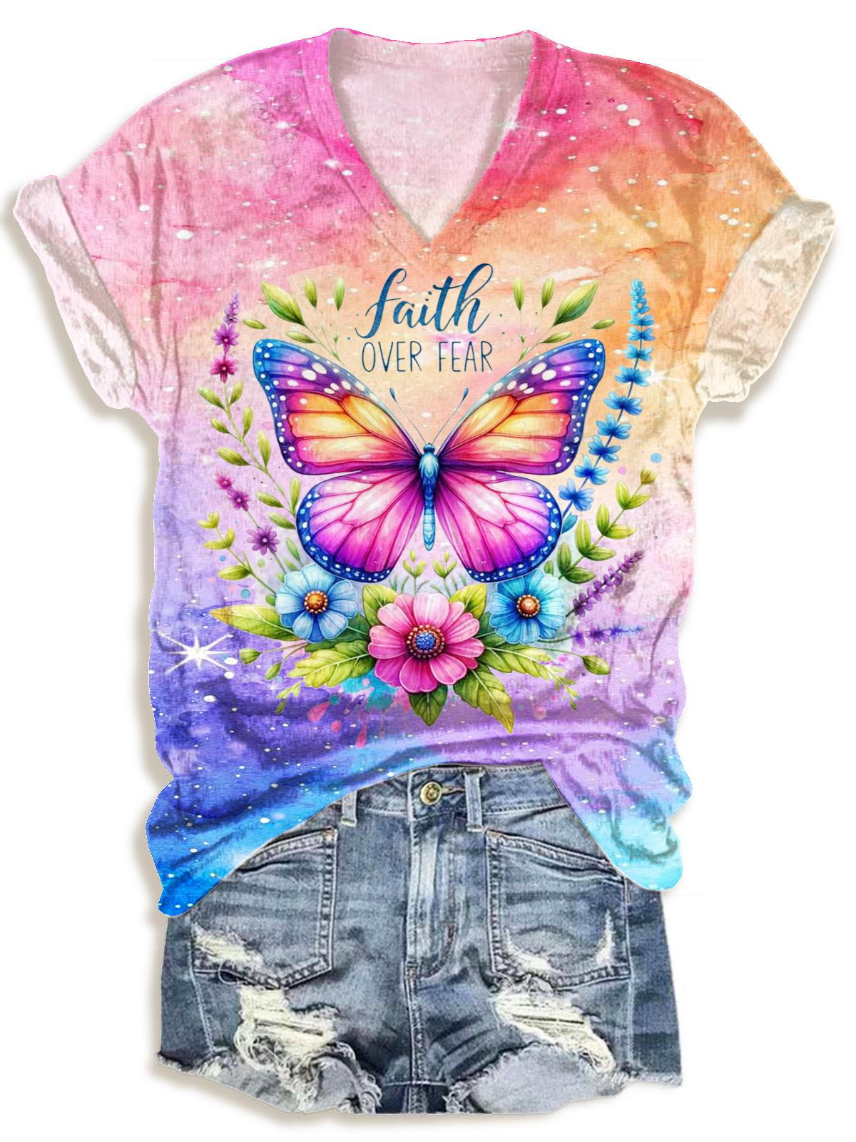 Faith Overcomes Fear Printed V-Neck T-Shirt