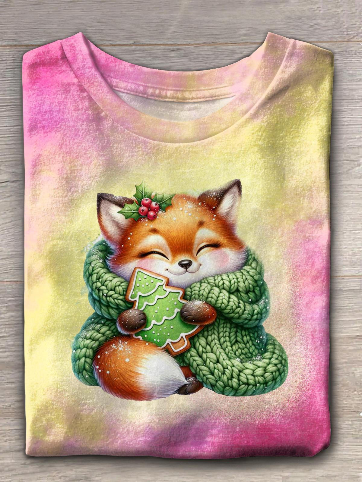 Women's Winter Christmas Tree Fox Crew Neck T-shirt