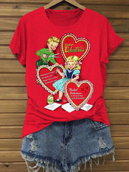 Women's Valentine's Day Card Retro Fun Vintage Print Casual T-Shirt