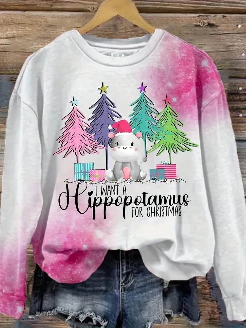 Women's Want A Hippopotamus Round Neck Long Sleeve Top