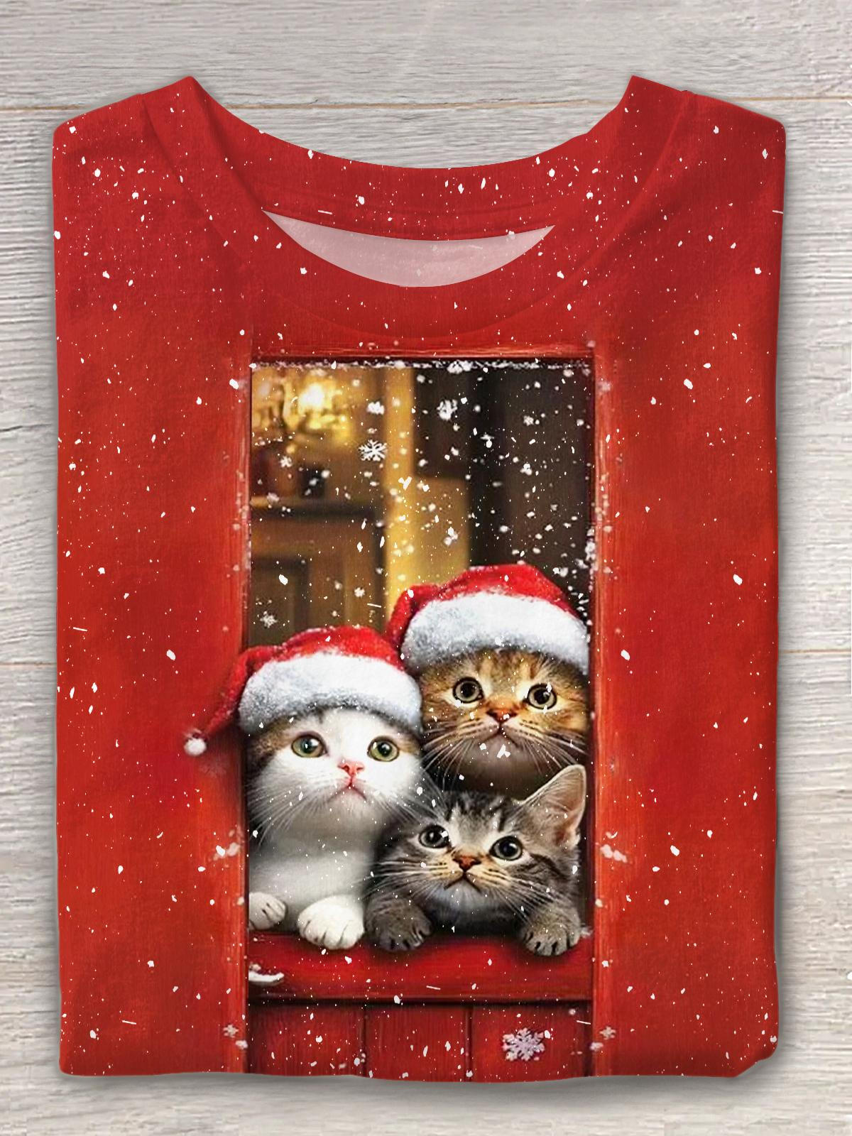 Christmas Cat Crew Neck T-shirt