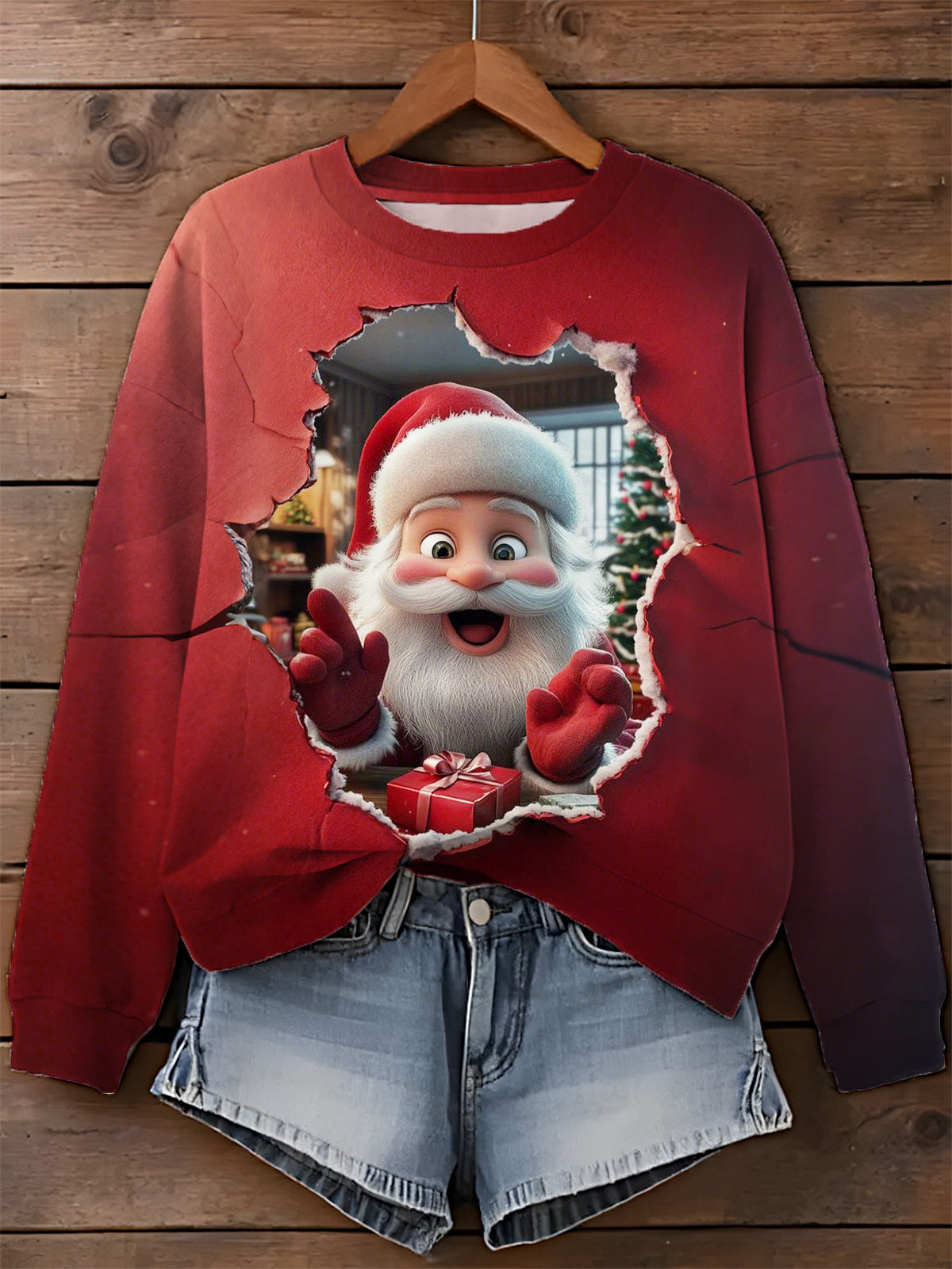 Fun Santa Claus Printed Long Sleeve Casual Top