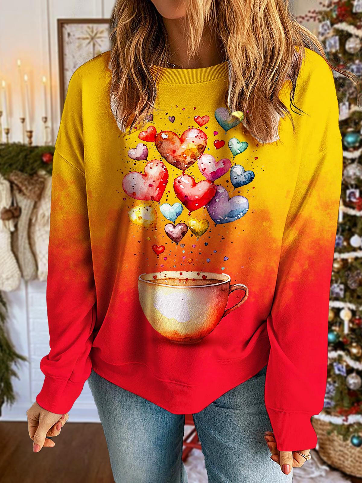 Women's Winter Coffee Balloon Printed Long Sleeve Casual Top