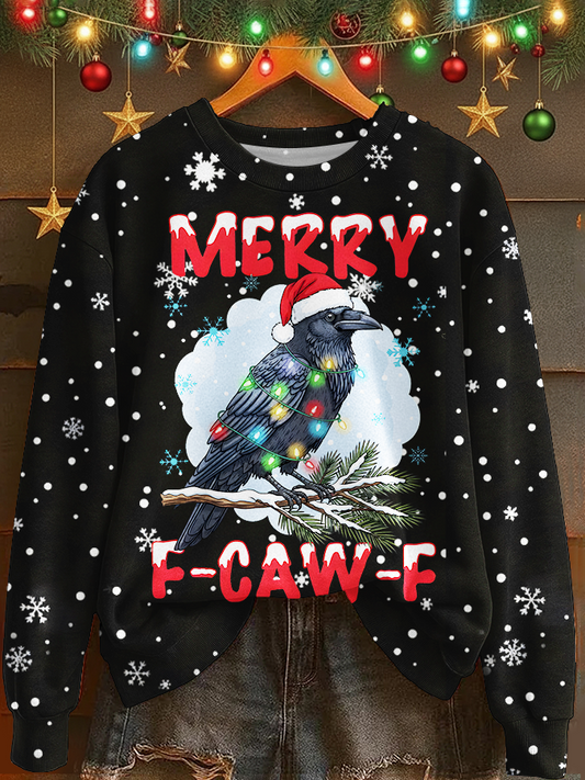 Merry Christmas F-Caw-F Crow Printed Long Sleeve Casual Top