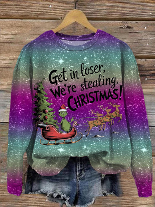 Rainbow Ocean And Christmas Printed Long Sleeve Casual Top