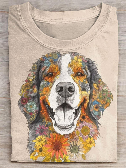 Cute Dog Floral Illustration Animal Protection Print Casual T-shirt