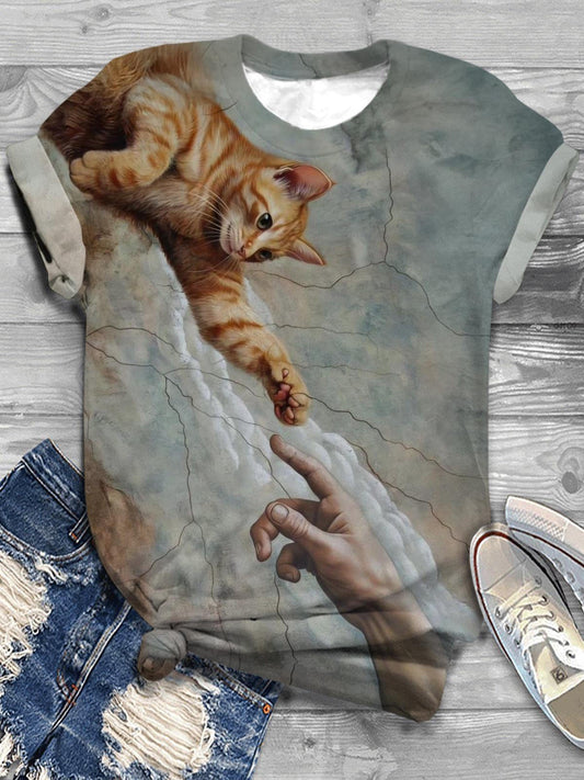 Funny Cat Art Printed Crew Neck T-shirt