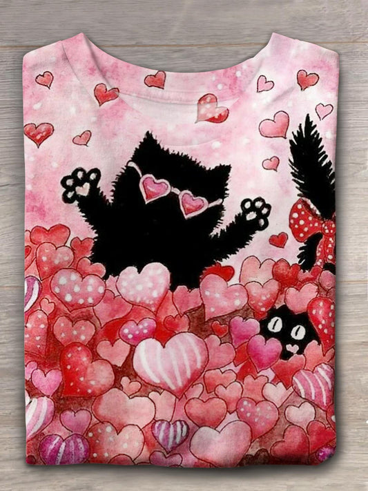 Valentine Cat Crew Neck T-shirt