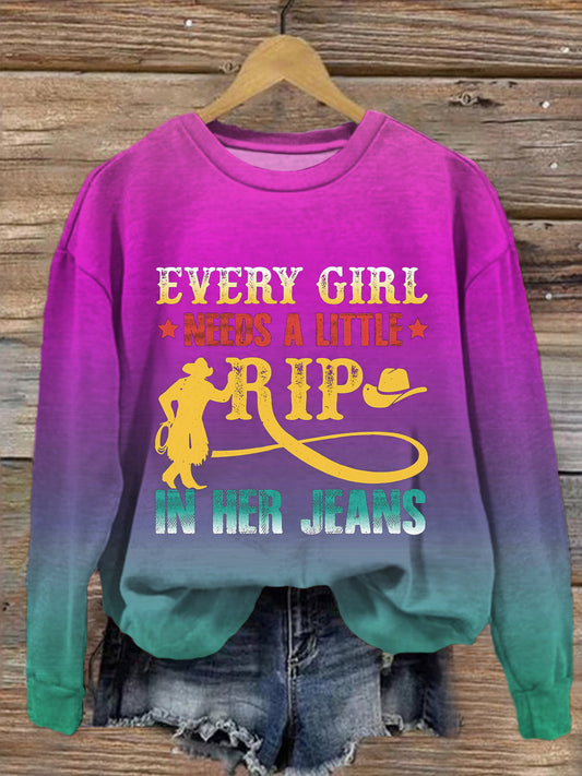 Every Girl Needs A Little Rip in Her Jeans Printed Long Sleeve Casual Top