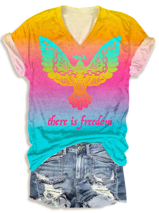 Women's Retro Christian Colorful Gradient V-Neck T-Shirt