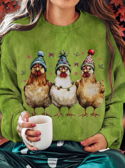 Funny Chicken Christmas Printed Long Sleeve Casual Top