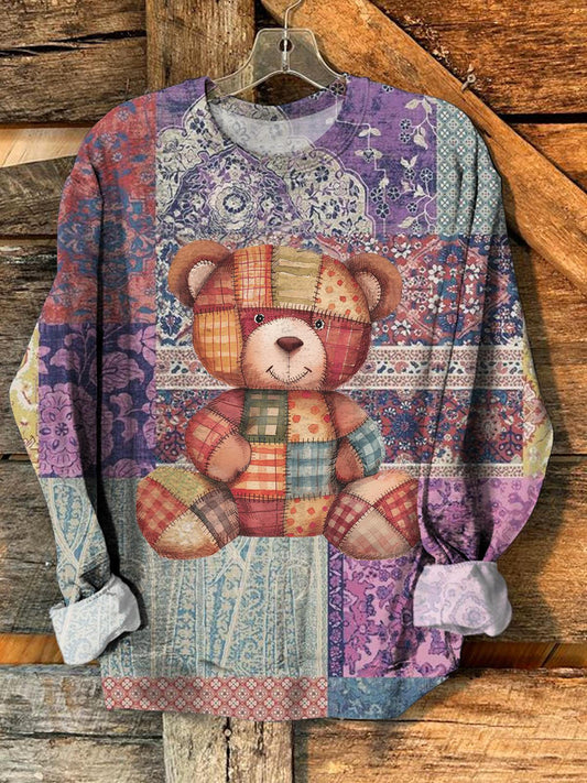 Women's Cute Bear Pattern Patchwork Print Casual Long Sleeve Top