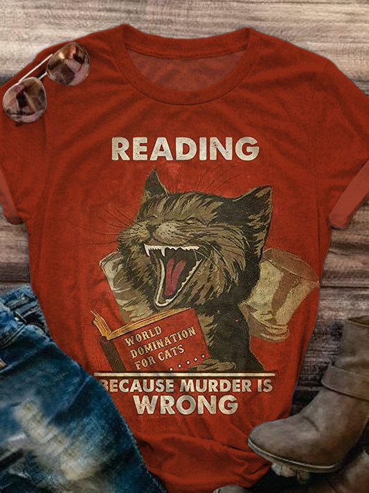 Reading Because Murder Is Wrong Cat Vintage Print T-shirt