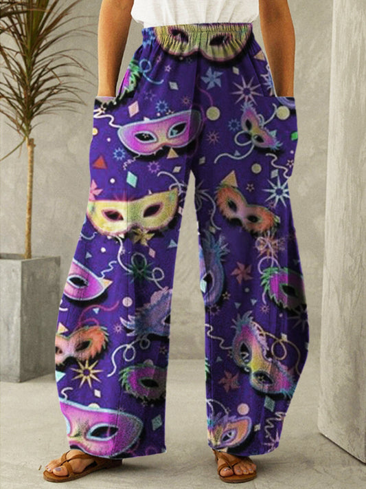 Mardi Gras Party Mask Print Casual Loose Pants