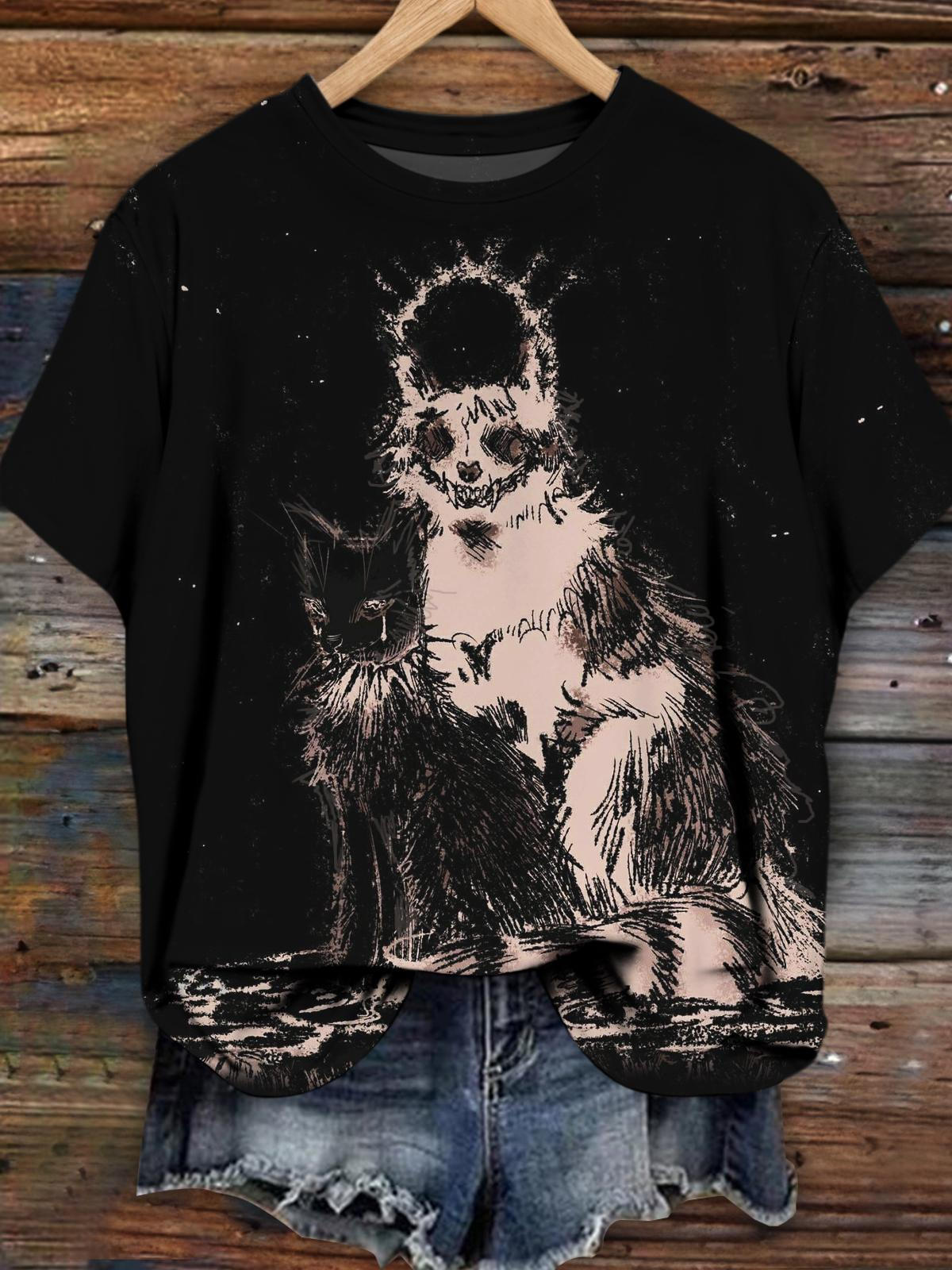 Women's Day of the Dead Cat Ghost Print Crew Neck Casual T-Shirt