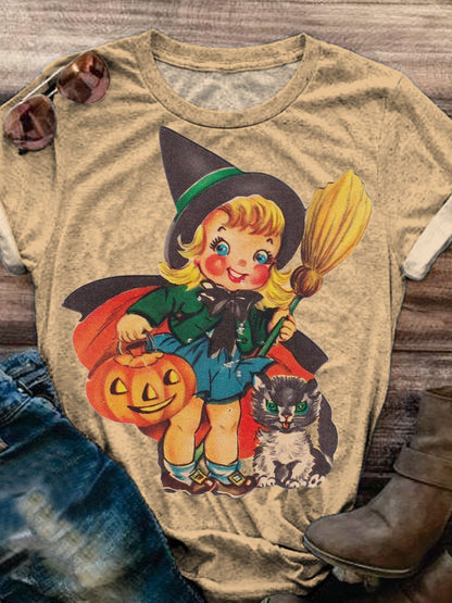 Women's Halloween Retro Girls Print Short Sleeve T-Shirt