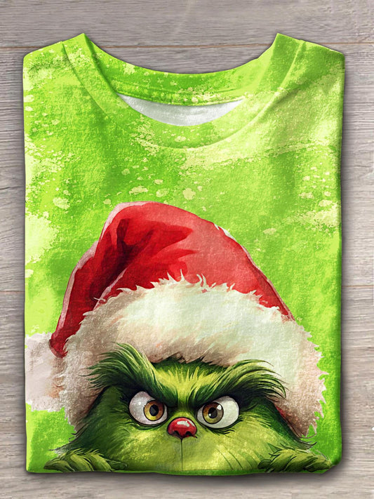 Santa Hat Peep Funny Christmas Print Crew Neck T-shirt